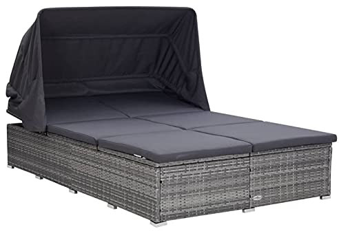 Yolola Rattan Sonnenliege für 2 Personen, Gartenliege mit faltbarem Sonnendach, Entspannungsliege Doppelliege Sitzkissen, Polyrattan Liege für Innen & Außen Grau