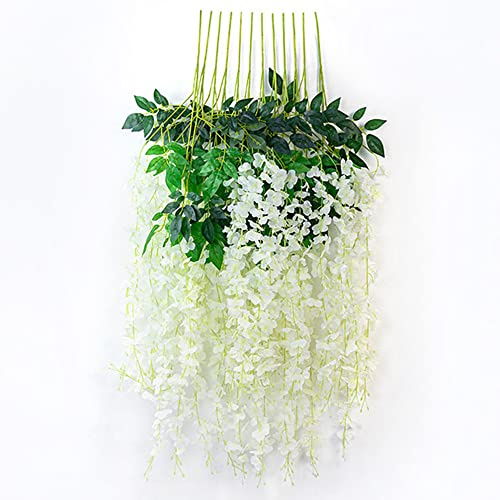 NatureMan Wisteria Hängende Blumen,12-Pack 3.6 Füße Künstliche Wisteria Rebe Ratta Hängende Girlande Seide Blumen, für Hochzeitsfeier Garten Outdoor Home Wanddekoration (Milk White)