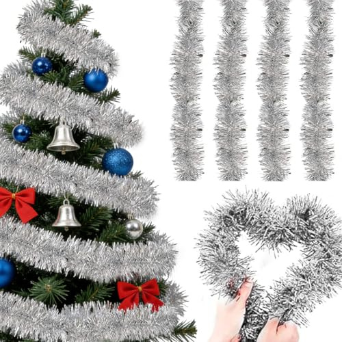 Lametta Girlande Weihnachtsbaum Girlanden - 4er Set (8m Gesamt) Extra Flauschig & 9cm Breit, Glänzende Weihnachten Lametta Girlandes für Festliche Deko, Christbaum Girlande & Partydekoration, Silber
