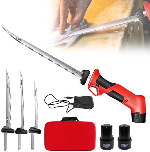 OmePS Coltello Elettrico per Affettare, Coltello da Pesca Elettrico Senza Fili con 4 Lame Alternative in Acciaio ad Alto Tenore di Carbonio e 2 Batterie al Litio, 12V, Facile da Usare con Pulsante di