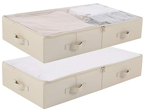 Amonsen Pack de 2 cajas de almacenamiento espaciosas de PVC visibles con tapa debajo de la cama para zapatos, mantas y ropa de cama, plegables y lavables, color beige