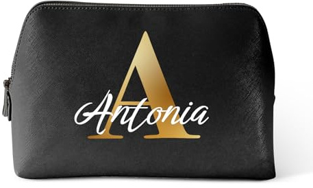 Love Faith personalisierte Kosmetiktasche - Schwarz - 25x16x10,3 cm | Wähle Initiale & Namen für die Gravur - Hochwertiger PU-Kulturbeutel - Praktischer Reisebegleiter für Frauen