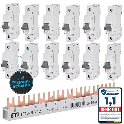 Elektro Butler Set - 12 x Leitungsschutzschalter B16 1-polig 16A Sicherungsautomat inklusive 1 x Phasenschiene 3-polig