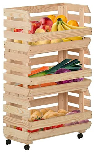 Homgoday Gemüsewagen mit Rollen Obstwagen Küchenregal Obstregal Rollwagen Gemüsekorb Küchenkorb Stapelkisten Aufbewahrung von Obst und Gemüse 37x30x80 cm Massivholz Kiefer