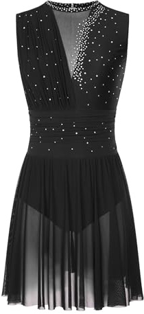 dPois Femme Robe Patinage sans Manches Robe Danse Ballet Strass Brillants Classique Académique Justaucorps Gymnastique Tenue Danse Type E Noir S