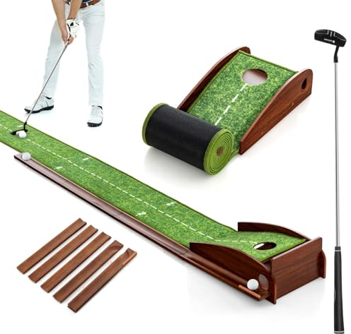 COSTWAY Golf puttingmatta, golfmatta med 1 hål, bilåterkomst träningsmatta med 3 golfbollar och konstgräs, puttingtränare inomhus utomhus för nybörjare, proffs (1 hål, med putter)