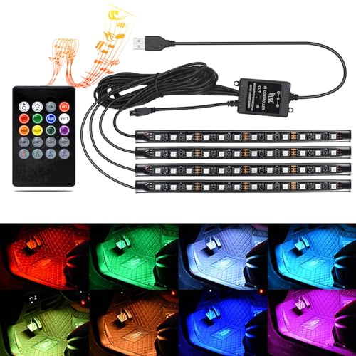 Melofo Car LED Strip Light 4 in 1 Waterproof RGB Cars Interior Lighting with 72 LEDs 8 Colors, Sound Sensor and Remote Control USB Port Car Charger Atmosphere Light Bar, Valentines Gifts for Men Women