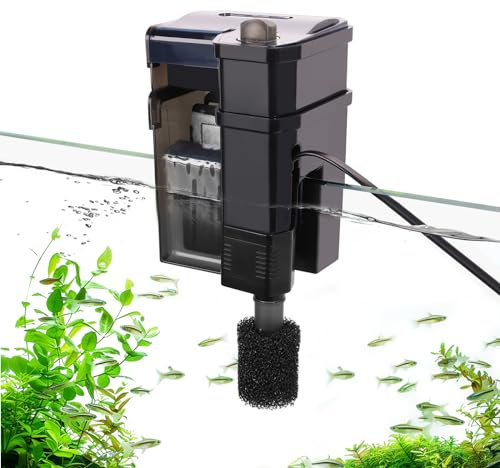 hygger Hang On Filter Aquarium, 300L/H 5W Fish Tank Filter, Ultra Leiser Aquarium Filter mit Doppelschichtiger Filterkammer,Einstellbarer Wasserdurchfluss Hang On Filter für 15–80L Tanks