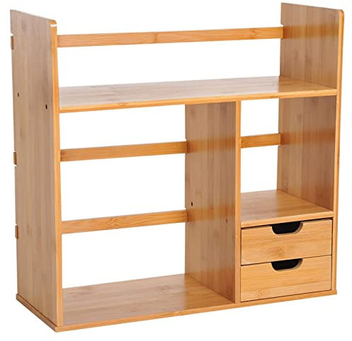 UsmAsk ktop Bücherregal aus Bambus, k Organizer-Fächer, ktop Bücherregal, Schreibwaren-Aufbewahrungsregal, Dokumentenhalter mit 2 Schubladen, 2-Wege-umgekehrte Nutzung