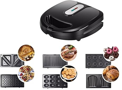 6 in 1 Waffle Maker, Sandwich Maker with Removable Plates, Donut Maker Dual-Sided Heating Non-Stick Plates, Walnut Cookie Maker, Multi Breakfast Maker for Grilled Cheese, Toast, Bread