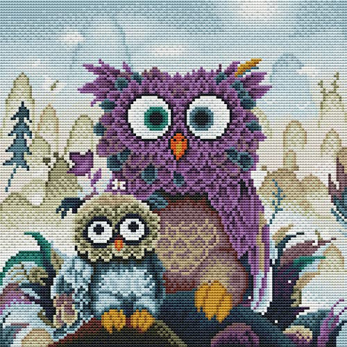 Gofission Kreuzstich Set Vorgedruckt Stickpackungen, Eule und Junges 11ct Stickset 36x46cm mit Stoff Vorlagen für Erwachsene Anfänger
