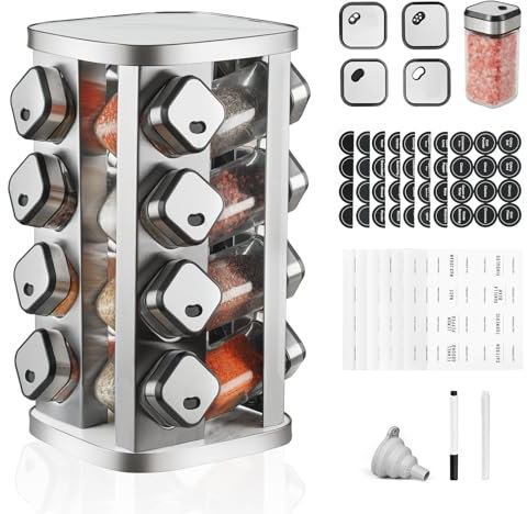 FRIBERG Especiero de Cocina,Especiero 360° con 16 Tarros de Especias-Tapa Giratoria, 3 Modos de Salida,Carrusel de Especias,Con Embudo, Pegatina, Bolígrafo y Cepillo de Limpieza