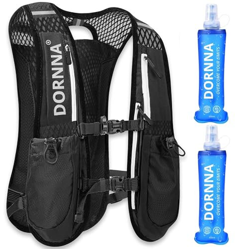 DORNNA - Laufweste Damen und Herren mit 2 Trinkflasche 500 ml, Running Vest Einheitsgröße, Laufrucksack Herren, Trinkrucksack Laufen. (Schwarz + 2 Soft Flask 500ml)
