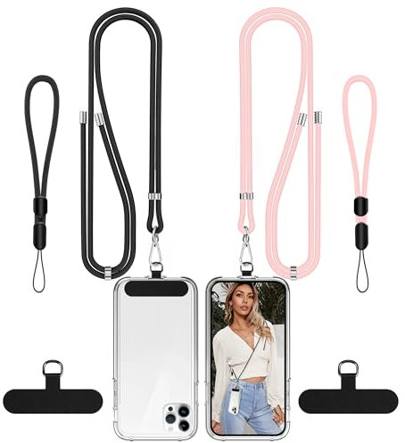 COCASES Phone Lanyard Crossbody 2 Pack Adjustable Anti-Theft iPhone Strap Crossbody and 2 Pack Wrist Strap for Neck Strap iphone Lanyard Compatible with Most Mobile Phone-2 Patches Black/Pink