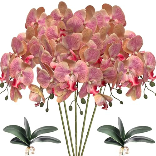 HinyoCo 5 Künstliche Phalaenopsis-Blumen,80 cm Künstliche Orchidee mit Künstliche Orchidee Blätter 2 Bündeln, Party, Büro, Terrasse, Hof, Heim-Blumendekoration (Rosa)