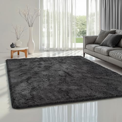 the carpet Soft Shaggy Flauschiger Hochflor Teppich, Wohnzimmer, Kinderzimmer, Anti-Rutsch Unterseite, kuschelig weich und super Soft, Anthrazit, 120 cm Rund