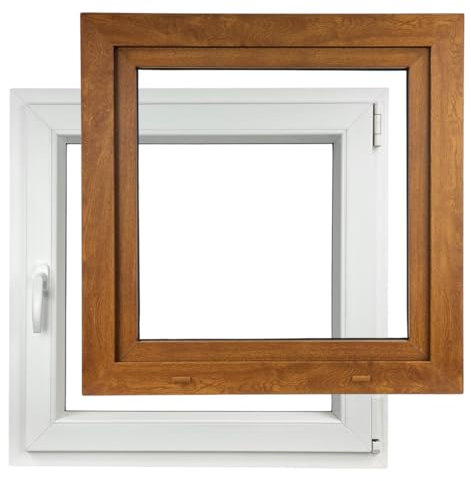 ALUCON Kellerfenster 500x500 mm – Fenster 50x50 cm – Kunststofffenster Innen Weiß/Außen Goldene Eiche – Flügelfenster DIN Rechts