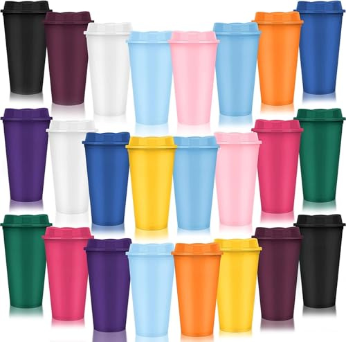 TESIN 24 Stück Wiederverwendbar Kaffeebecher mit Deckel, 470 ml to go Reisebecher in 12 Farben, Plastik Trinkbecher für heiße und kalte Getränke, Party, Ostern, Karneval (mehrere Farben)