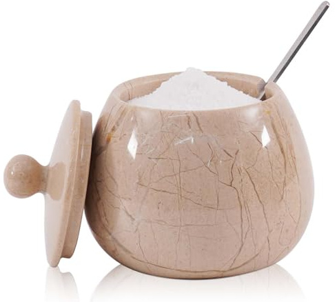 Marmor saltkällare med lock 11,5 cm Verona handgjord saltlåda, salt- och pepparskål, salthållare med lock och sked, saltkällare för köksförvaring, salt- och pepparbehållare