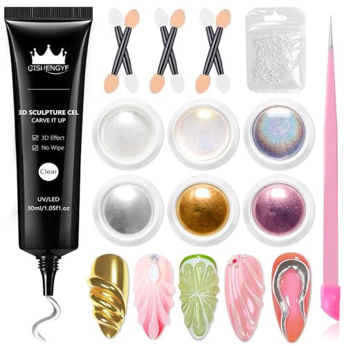 BISHENGYF 3d Gel: 30g No Wipe Clear Nagel 3d Gel Und Mirror Effect Rose Gold Chrome Nail Powder,6pcs Glassy Yellow Aurora Cromepulver NäGel，5d Carving For Nail Art(Silver/Laser)