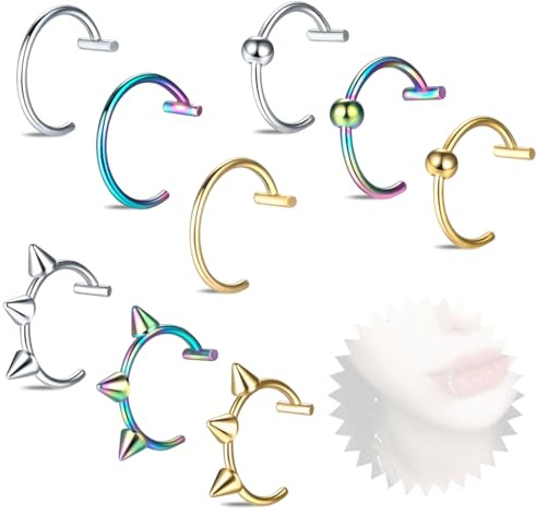 COYUN 9 Pièces Faux Piercing Faux Piercing, Levre Faux Septum Piercing, Nez Faux Anneau Nez Piercing Nez Anneaux Ensemble, Boucle D'oreille/Anneau de Nez, Argent, Or, Couleur