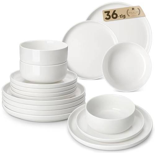 MALACASA Vajillas Completas 36 Piezas, Juegos de Platos para 12 Personas con Plato/Plato de Postre/Cuencos de Cereales, Apto para Microondas y Lavavajillas, Blanco, Serie LUNA