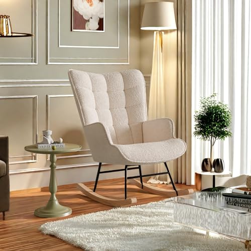 Yeutre Fauteuil d'allaitement, Fauteuil a Bascule, Chaise a Bascule Allaitement en Velours Teddy avec Accoudoirs et Pieds en Bois Massif, Rocking Chair Interieur pour Chambre à Coucher Salon Balcon