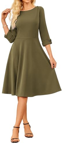 GRACE KARIN Vintage Sommerkleid Damen 3/4 Ärmel A-Linie Midikleid U-Boot-Ausschnitt Elegantes Festkleid Armeegrün XL