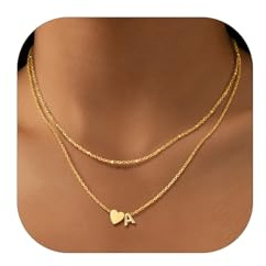 Bestyle Kette Damen mit Buchstaben Vergoldet Herz 316L Edelstahl Doppelschichtige Halskette Kleine Perlen 35cm+Verstellbare 40+5cm