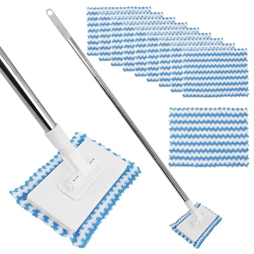 1 mocio + 10 panni per la pulizia, nessun lavaggio richiesto, 1 secondo smontaggio, mocio senza lavaggio con clip a pressione automatica, adatto per la pulizia di specchi da bagno, pareti, vetro (blu)