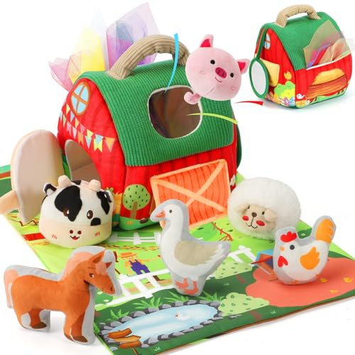 URMYWO Giochi Bambini 1 Anno, Fattoria Animali Montessori con 6 Peluche, Specchio Sicuro e Foulard di Seta per Sviluppo Sensoriale e Motricità Fine, Regalo per Bambino e Bambina 6-12 Mesi