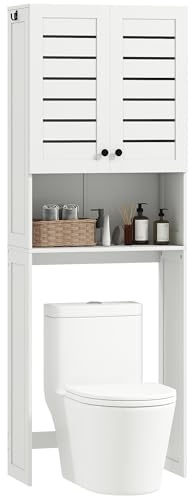 HOMCOM Meuble WC Dessus de Toilette/Machine à Laver avec Placard à Porte Double, étagères, Meuble Toilettes WC Rangement Armoire Salle de Bain avec niches et Portes à persiennes, 67x31,5x190cm, Blanc