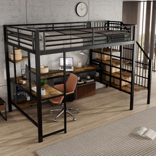 Luonians - Litera de hierro con puerto de carga, escalera de esquina cómoda y segura, esquina de escritorio con estante para teclado y espacio de almacenamiento, hierro + MDF, negro + oscuro, 120 x