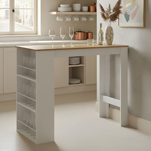 buybyroom Tavolo da Bar con Vano Contenitore – Bancone Alto per Bar, Cucina, Soggiorno, Sala da Pranzo – 112×57×106 cm – Bianco + Rovere Scuro