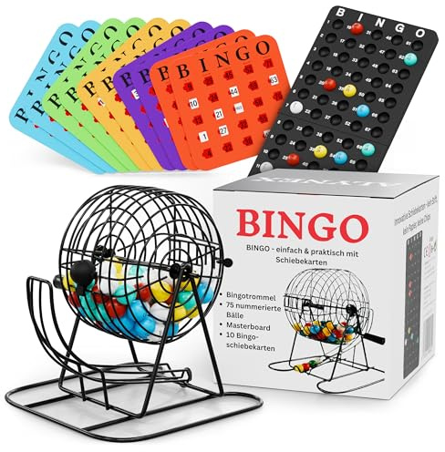 ALYNEX Bingo Spiel mit Metalltrommel & 10 wiederverwendbaren Schiebekarten | Bingo Spiel Set, Bingo Karten & 75 Bingo Kugeln, Spiele für Senioren, Erwachsene & Kinder ab 6, Familienspiel, Partyspiel