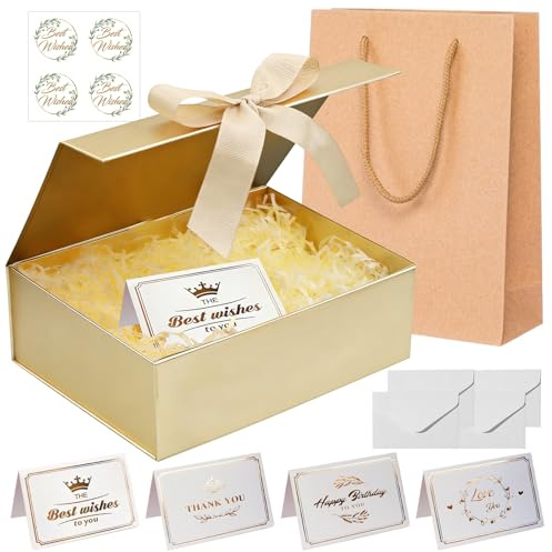 Gold Geschenkbox Mit Deckel 22 * 16 * 8.5cm, geschenk box Set, wiederverwendbare geschenkkiste, Geschenkverpackung Geschenkbox mit Schleife, für Hochzeiten Geburtstage Jubiläen Weihnachten