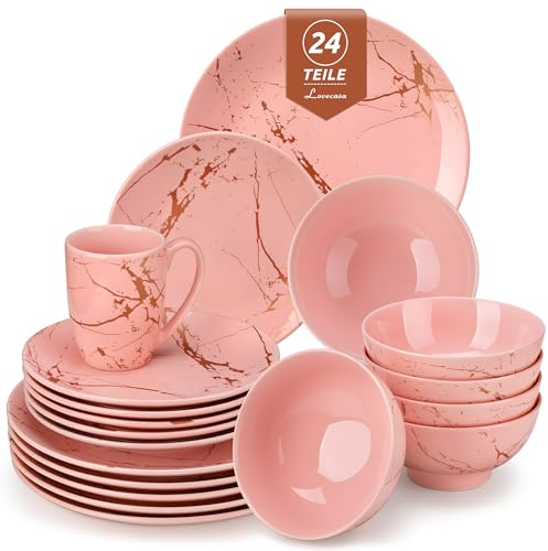 LOVECASA Daphne Porzellan Geschirrset 24-teilig für 6 Personen, Rosa mit Gold Marmor Design, Tafelservice Set mit Essteller, Dessertteller, Schüssel und Tassen