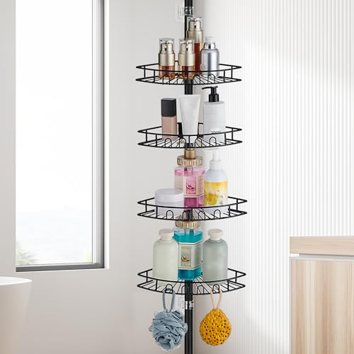 ASKLUND Duschablage ohne Bohren Edelstahl Teleskop Duschregal Duschgel Halterung Eckregal Bad mit 4 Körben, 85-325cm, für Badewanne Badezimmer Dusche und Küche, Schwarz
