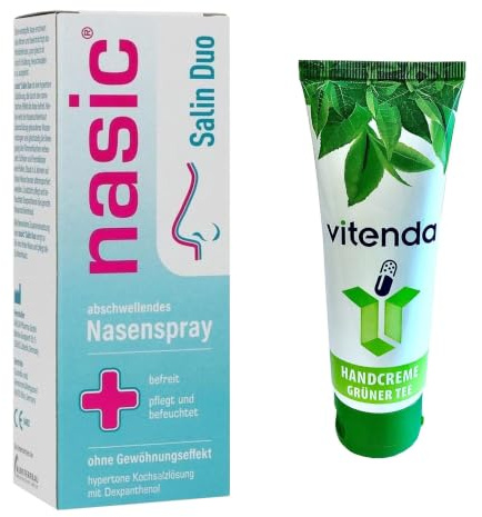 vitenda Set: Nasenspray hypertone Salzlösung mit Dexpanthenol mit Nasic Salin Duo bei Schnupfen & verstopfter Nase, 1x15ml – inkl. vitenda Handcreme
