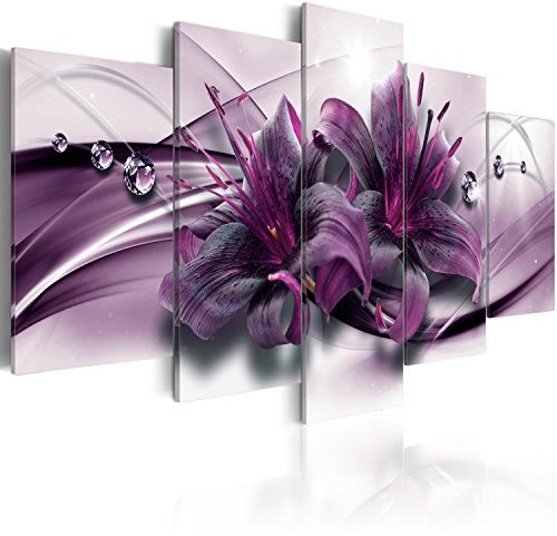 B&D XXL Acrylglasbild Blumen 200x100 cm 5 Teilig Wandbild auf Acryl Glasbilder Kunstdruck Moderne Acrylglas Platte Wanddekoration Geschenke Heimdekoration Glasbild Lilien Abstrakt Diamant violett