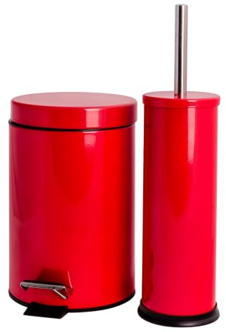 Harbour Housewares 3L Badezimmer-Mülleimer und Bürstenset – Rot – 2-teiliges rundes Edelstahl-Treteimer- und Toilettenbürsten-Set, schlanker Kleiner Mülleimer für Küchenabfälle und Badezimmermüll