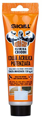 SIGILL, Ultra Grip Elimina Chiodi, Colla di Montaggio Potenziata per L'incollaggio Senza Utilizzo di Chiodi o Viti, Effetto Ventosa con Presa Iniziale 130 kg, Senza Solventi, Made in Italy, 125 ml