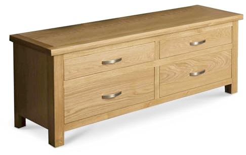 RoselandFurniture London Oak 120cm Large 4 Drawer TV Unit for Living Room | Fully Assembled, Television Cabinet Storage, Lacquered Solid Wood, Suitable for 50 Inch Screen, Contemporary