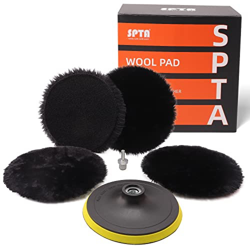 SPTA Lammfell pad, Lammwollhaube, Lammfell, 5tlg 150mm Polieren polierscheibe Polierset Set Wolle Pad Lammwolle 150mm Klett pad polierscheibe + M14 Bohrer Adapter für Auto poliermaschine -HWPPS6M14M5