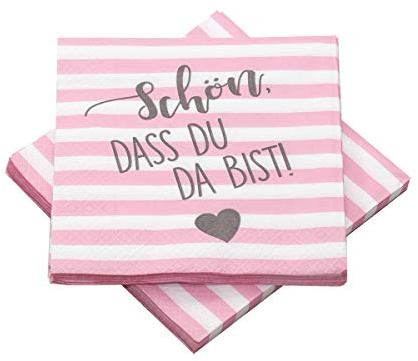 20 Servietten Streifen 'Schön, dass du da bist!' 33x33 cm - rosa weiß grau - für Hochzeit, Geburtstag, Taufe