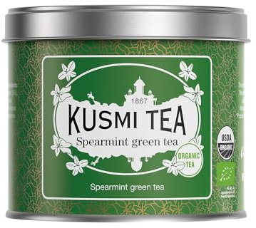 Kusmi Tea - Vert à la Menthe Bio - Mélange Biologique de Thé Vert Gunpowder et Menthe Poivrée - Thé Vert Aromatisé - À Déguster Chaud ou en Thé Glacé - Boîte en Métal 100g, pour environ 50 Tasses