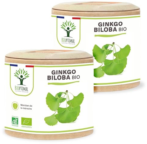 Ginkgo Biloba bio - Bioptimal - Complément alimentaire - Mémoire Concentration Circulation Vertige - Poudre de Feuille Pure - 250mg par Gélule - Fabriqué en France - Certifié par Ecocert - 120 gélules