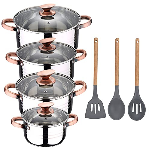 San Ignacio Bateria de cocina 8 piezas apta para induccion, Altea en acero inoxidable con set de 3 utensilios de cocina en silicona Daimiel, PK3241