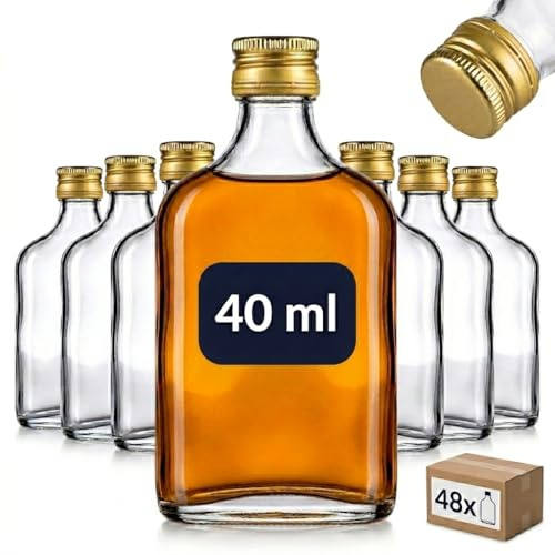 gouveo Set da 48 bottiglie in vetro design fiaschetta (0,04 l) con tappo a vite PP18 dorato mini bottigliette piatte trasparenti per liquore degustazione e DIY (FF040G)