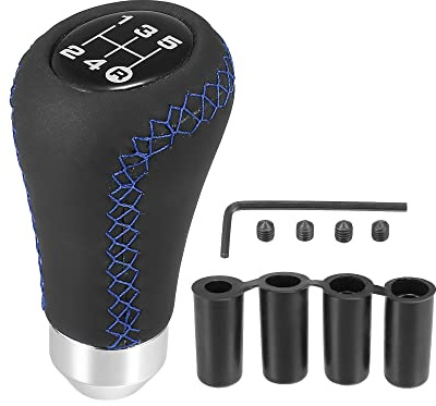 X AUTOHAUX Universeller Schalthebel 1 Stück Für 5 Gänge | Farbe Schwarz, Material PU-Leder & Metall, Gewinde M5X0,8, Adapter-Ø 8/10/12/14 Mm, Stichfarbe Blau